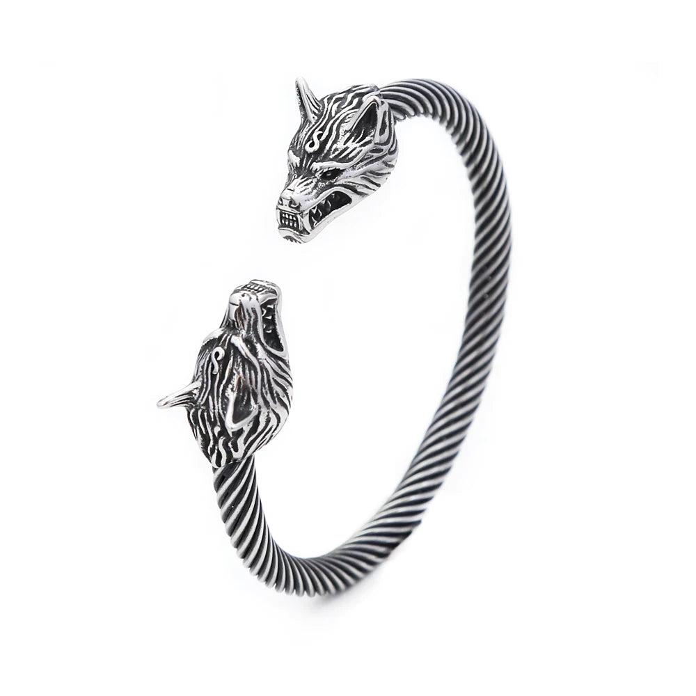 Viking Double Wolf Head Bracelet — Stainless