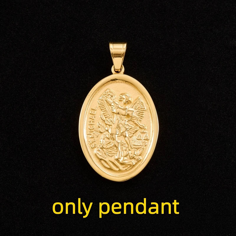 Catholic Saint Michael Round Pendant — Gold-Tone Metal