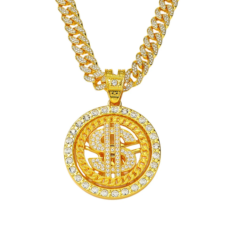 Men Hip Hop Big Rotatable US Dollar Money Sign Pendant Necklace 13mm Iced out Cuban Chain Choker Necklace Rap Rock