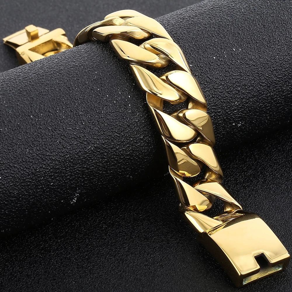 Luxury Gold Color Man Bracelet Snap Button Men's Jewelry Polished 316L Stainless Steel Men's Bracelets Bangles Mannen