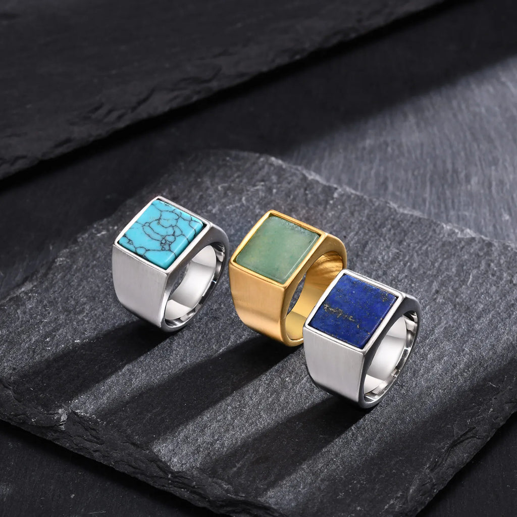 Gold Green Stone Signet Ring — Stainless Steel