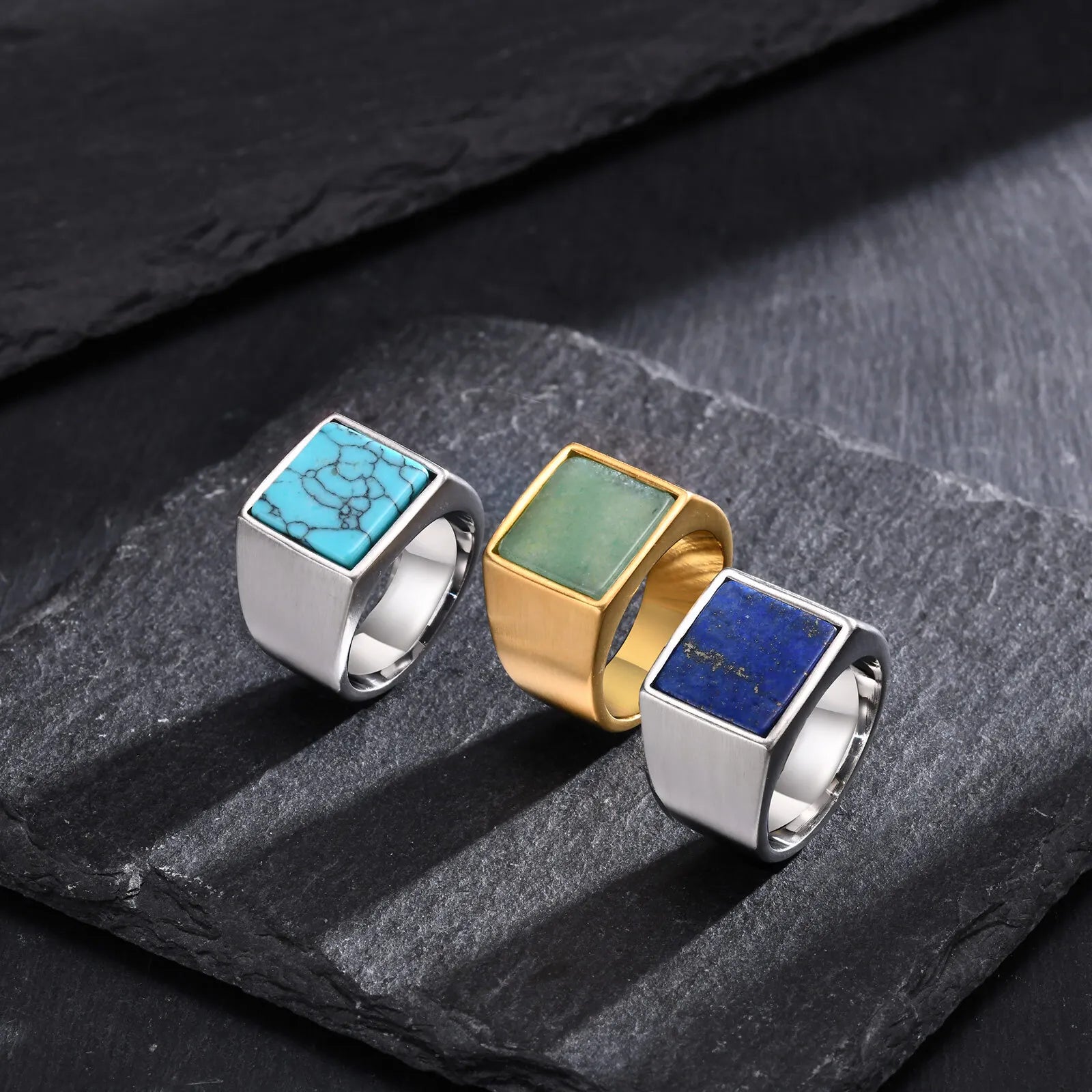 Gold Green Stone Signet Ring — Stainless Steel