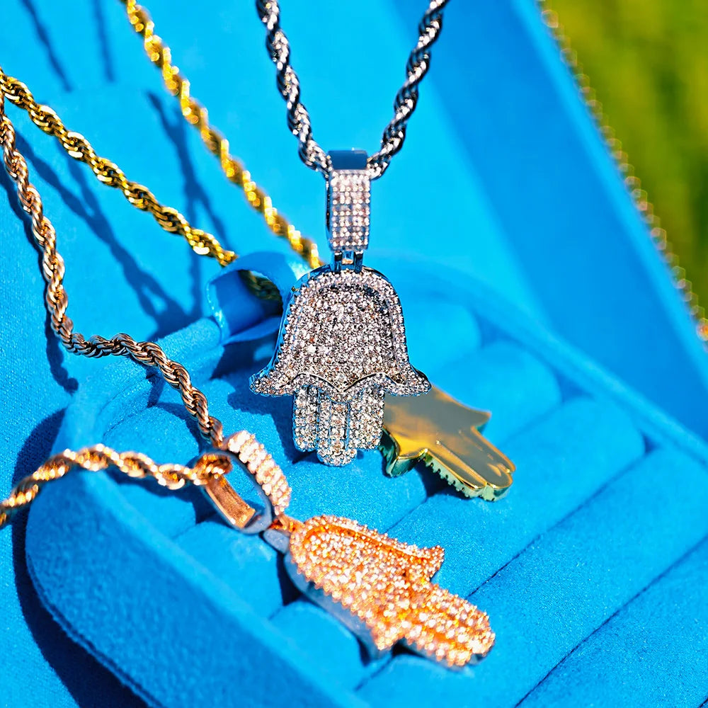 Iced Out Hamsa Pendant Necklace Stainless Steel