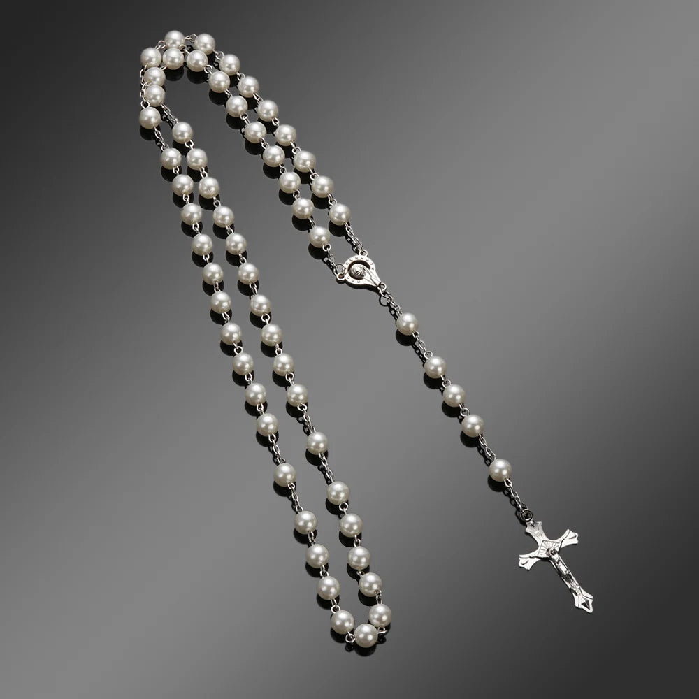 Vintage Catholic Rosary Necklace — Glass Bead Crucifix Cross
