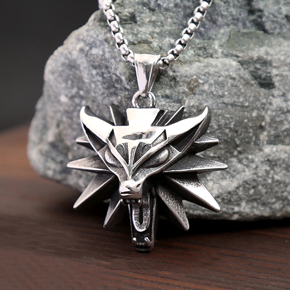 Fashion Vintage Viking Wolf Head Pendant Necklace Mens Punk Biker Stainless Steel Geralt of Rivia Slavic Necklaces