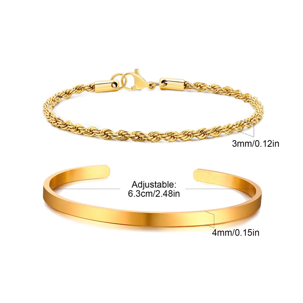Men's 2pcs Set Simple Fashion Cuban Snake Link Chain Bracelet Stainless Steel Open Cuff Bangle Punk Hip Hop Jewelry Set