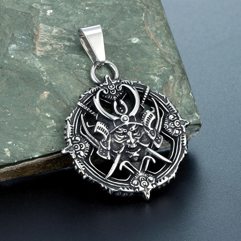 Samurai Oni Mask Pendant Necklace — Stainless Steel
