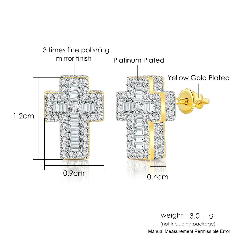 Iced Out Cross Stud Earrings — Gold