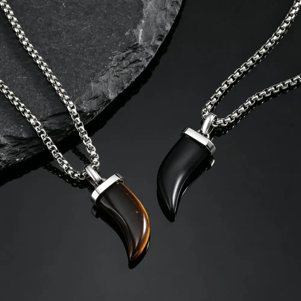 Stylish Natural Stone Horn Necklace for Men,Stainless Steel Black Agate Tiger Eye Stone Pendant Necklace,Healing Amulet Jewelry