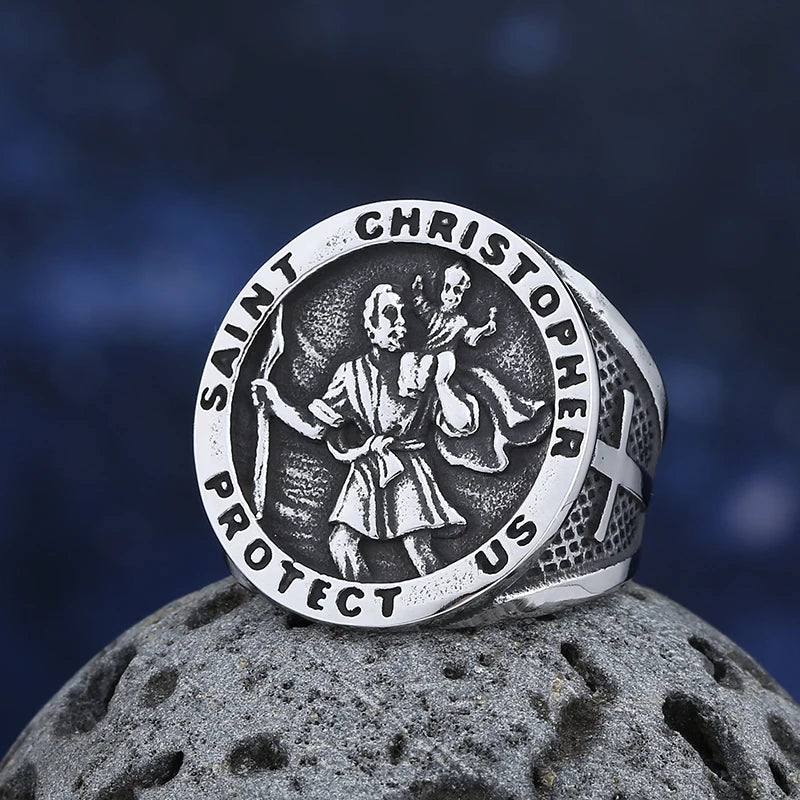 St. Christopher Polished Cross Ring — 316L Stainless Steel