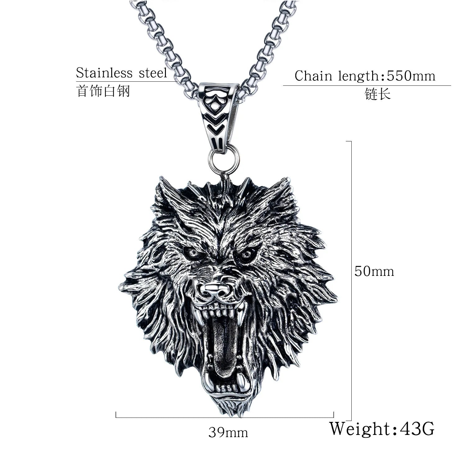 Stainless steel domineering wolf head pendant, stainless steel men's necklace, exquisitely matched with accessories