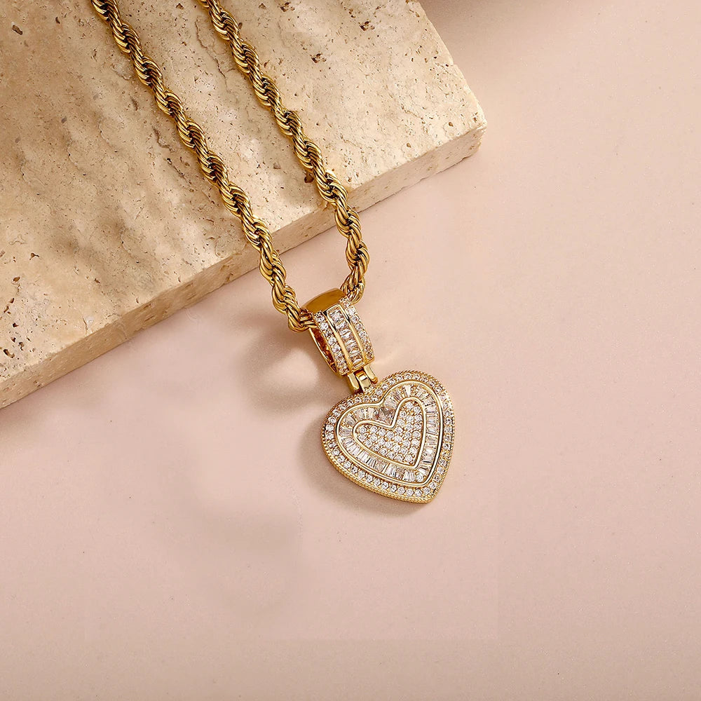 Gold Iced Out Heart Pendant Rope Chain Necklace