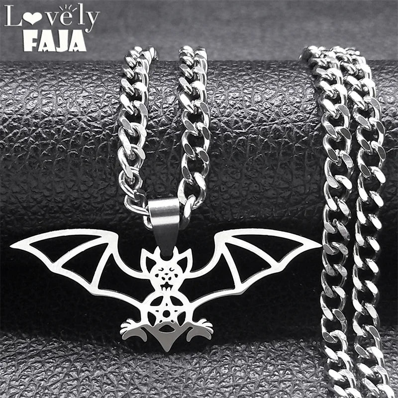 Gothic Bat Pentagram Necklace — Silver