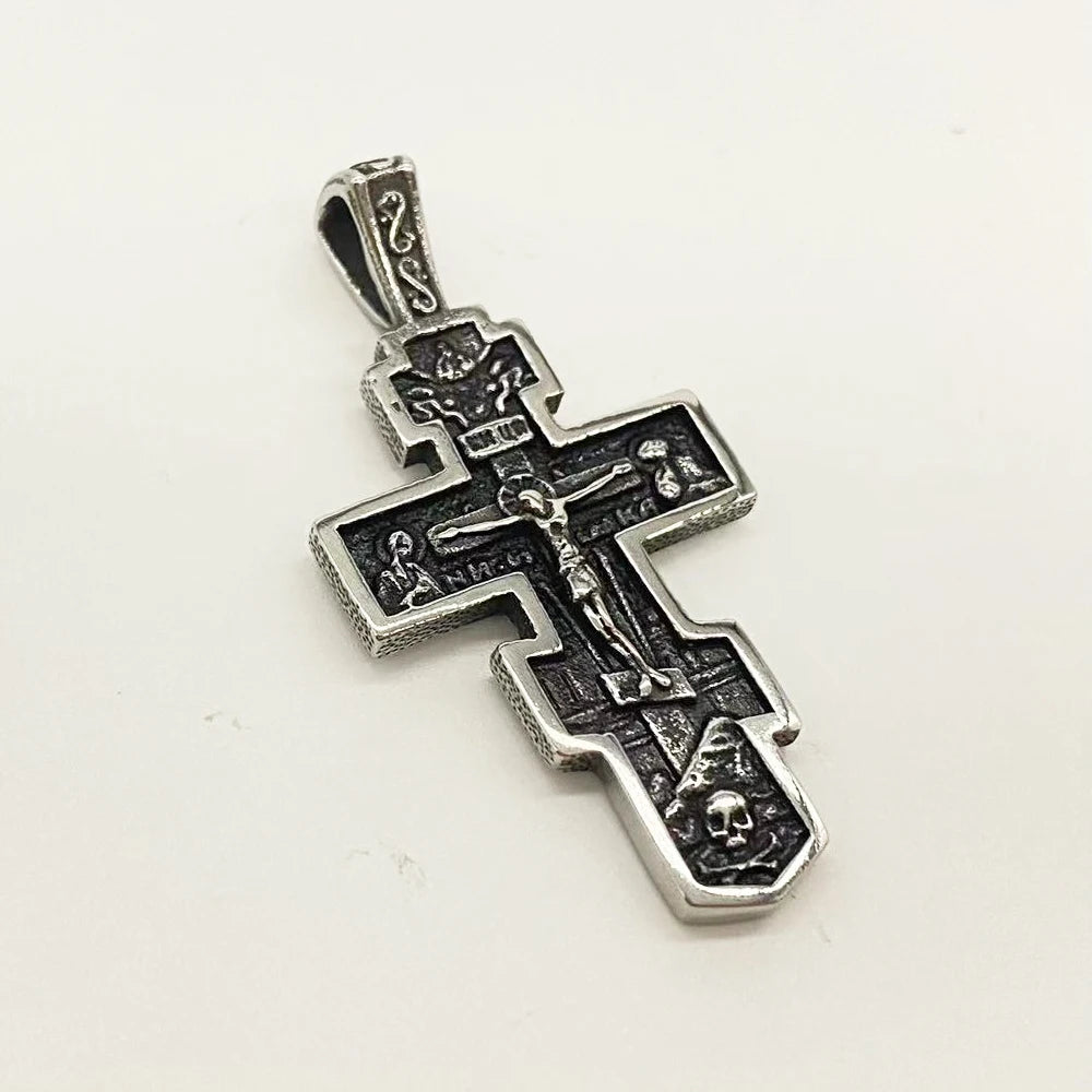 Vintage Stainless Steel Jesus Cross Pendant Necklace Men Biker Amulet Cross Orthodox Chain Necklace Jewelry Gift