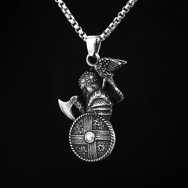 Good Detail 2024 NEW 316L Stainless Steel Viking Warrir Crow Symbol Crow Axe Pendant Necklace For Man Hiphop Jewelry For Man