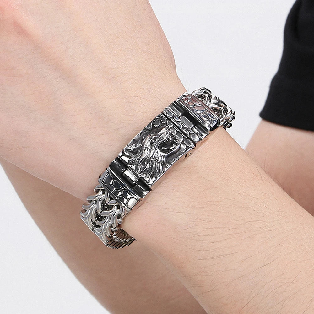 Cool Punk Chinese Loong Dragon Head Bracelet for Man 16MM Width Double Layer Square Franco Chain Bracelets Men's Male