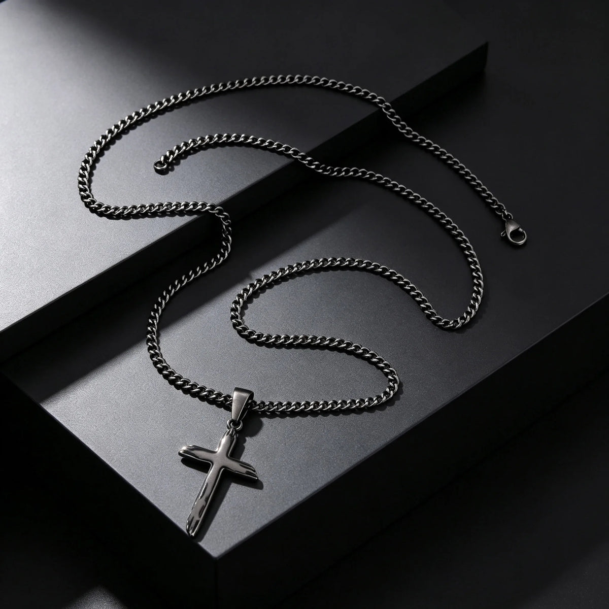 Wood Textured Cross Necklace for Men — Stainless Steel Chain