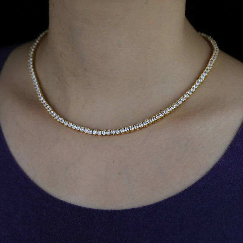Iced Out Bling Zircon 3mm Tennis Chain Necklace 3 Prong Gold Silver Color CZ Charm Choker Women Man Hip Hop Fashion