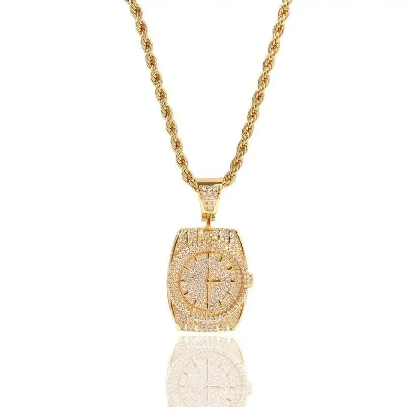 Zircon Watch Shape Pendant Necklace — Zinc Alloy