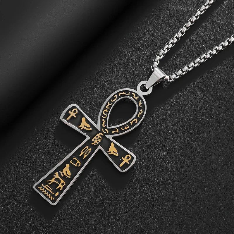 Stainless Steel Ancient Egyptian Ankh Cross Life Key Totem Necklace Men and Women Lucky Amulet Jewelry