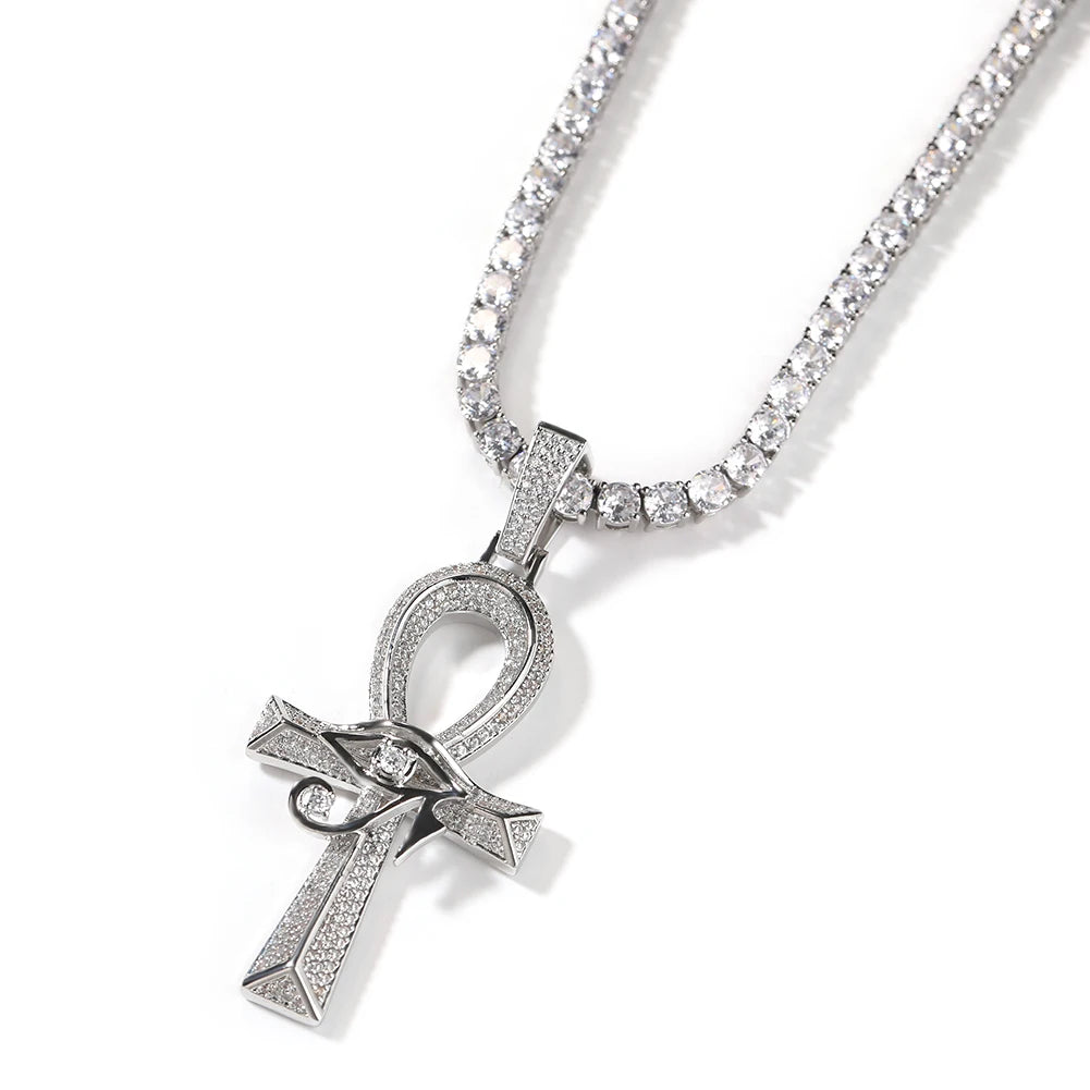 THE BLING KING Iced Eye of Horus Ancien Egypt Ankh Pendant Necklace Big Vintage Zirconia Cross Key Of Life Guardian Jewelry Gift
