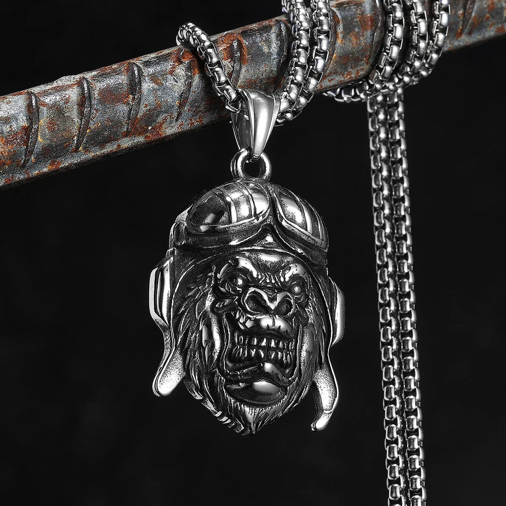 Retro Pilot Gorilla Men Necklace Stainless Steel Pendant Chain Punk Rock Jewelry New In Accessories Rider Gifts Daily