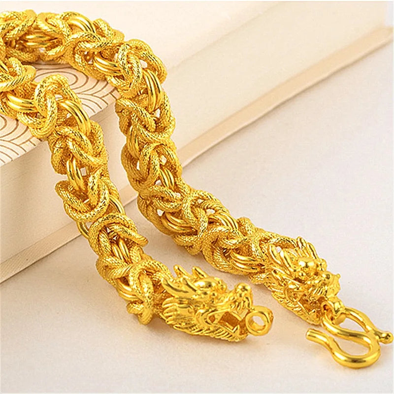 hollowed-out men's bracelet, double dragon head men's bracelet, gold jewelry