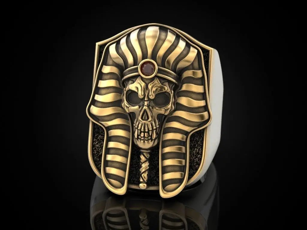 2026 New Egyptian Pharaoh Skull 925 Silver Plated Gold Two tone Ring European and American Exaggerated Punk Punk Ring