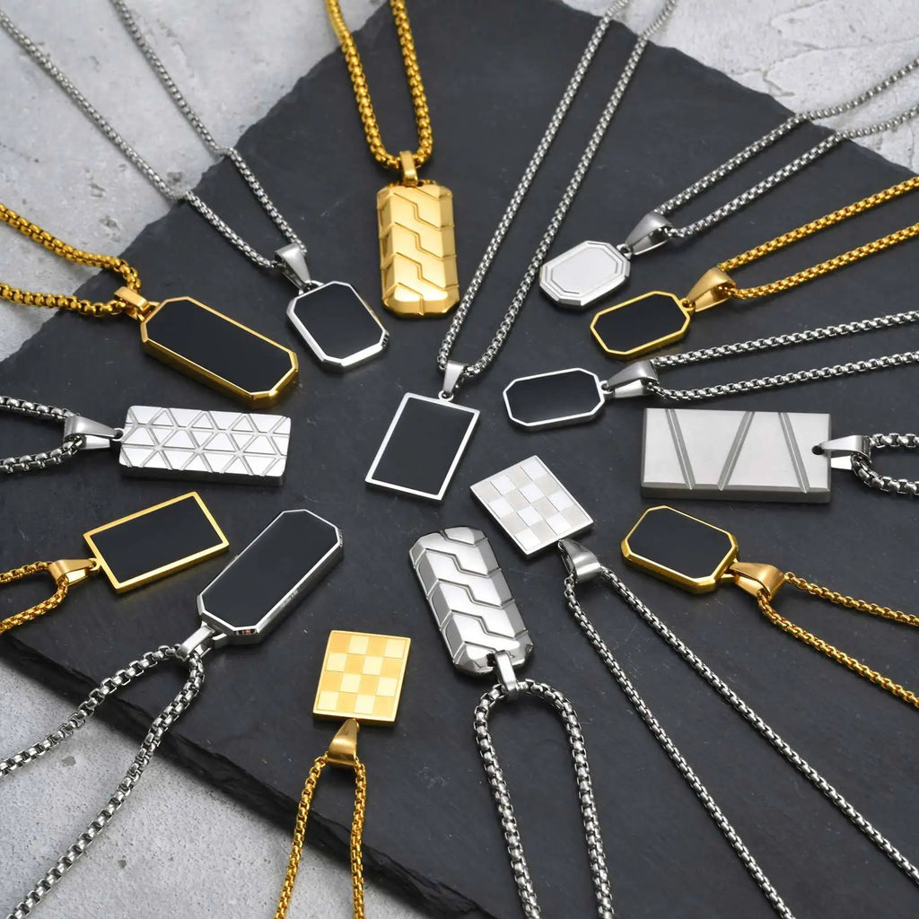 Vnox Geometric Pendant Necklaces For Boys,Stainless Steel Simple Square Dog Tag Men Necklaces,Retro Collar Jewelry Gift