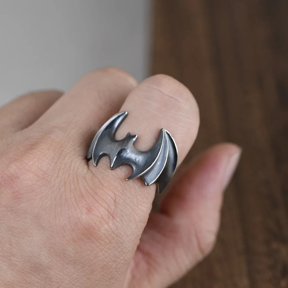 Buyee 925 Sterling Silver Male Big Ring Finger Black Bat Open Ring for Women Men Fashion Animal Punk Fine Jewelry