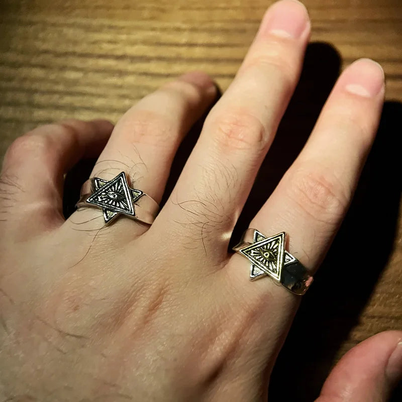Gothic Eye of Providence Open Ring — Two-Tone Adjustable