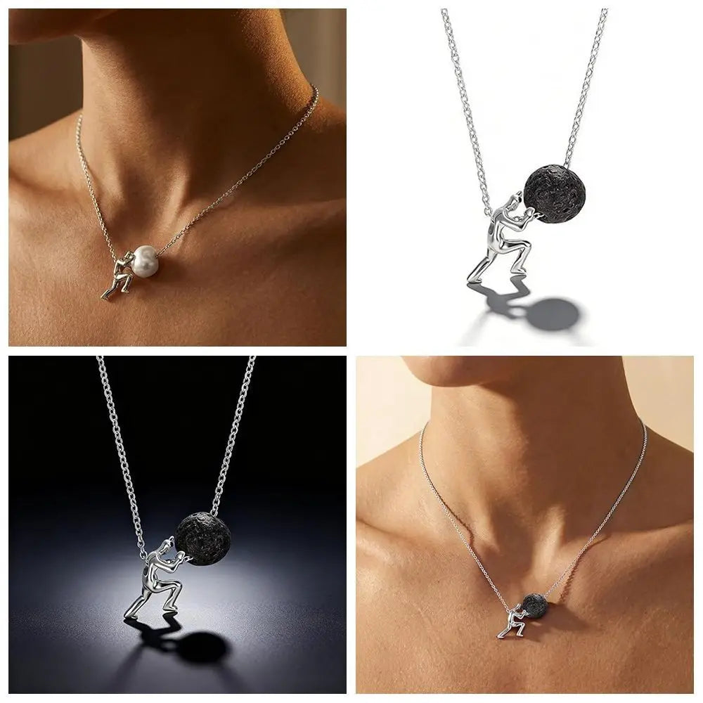 New Man Pushing Stone Sisyphus Necklace Personality Perseverance Symbol Pendant Necklace Silver Color Simple Jewelry