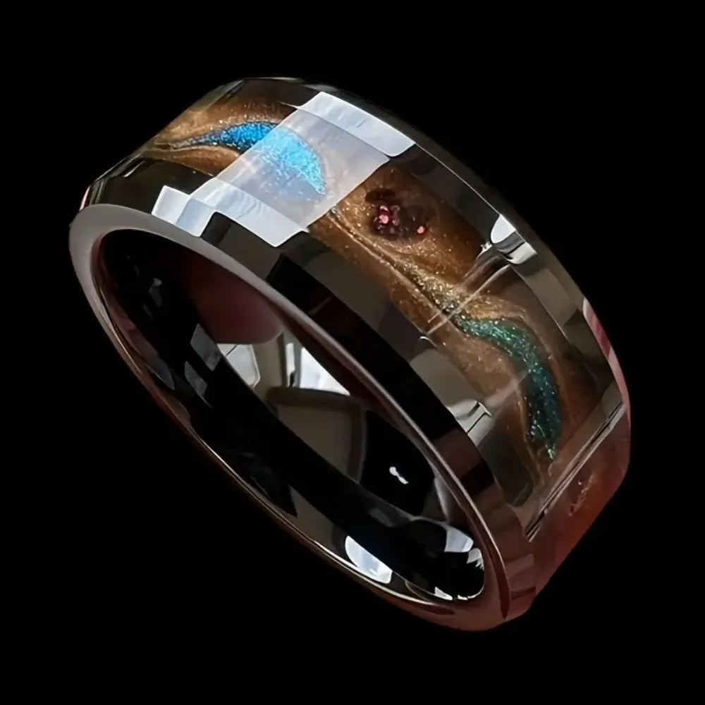 Trendy Creative Gold Color Quicksand Galaxy Meteorite Pattern Black Stainless Steel Rings for Men Cosmic Artistic Jewelry Gifts