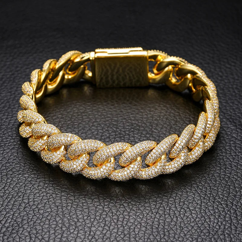 Iced Out Miami Cuban Link Bracelet for Men, Full CZ Diamond Hip Hop Bling Jewelry, Rapper Streetwear Accessory