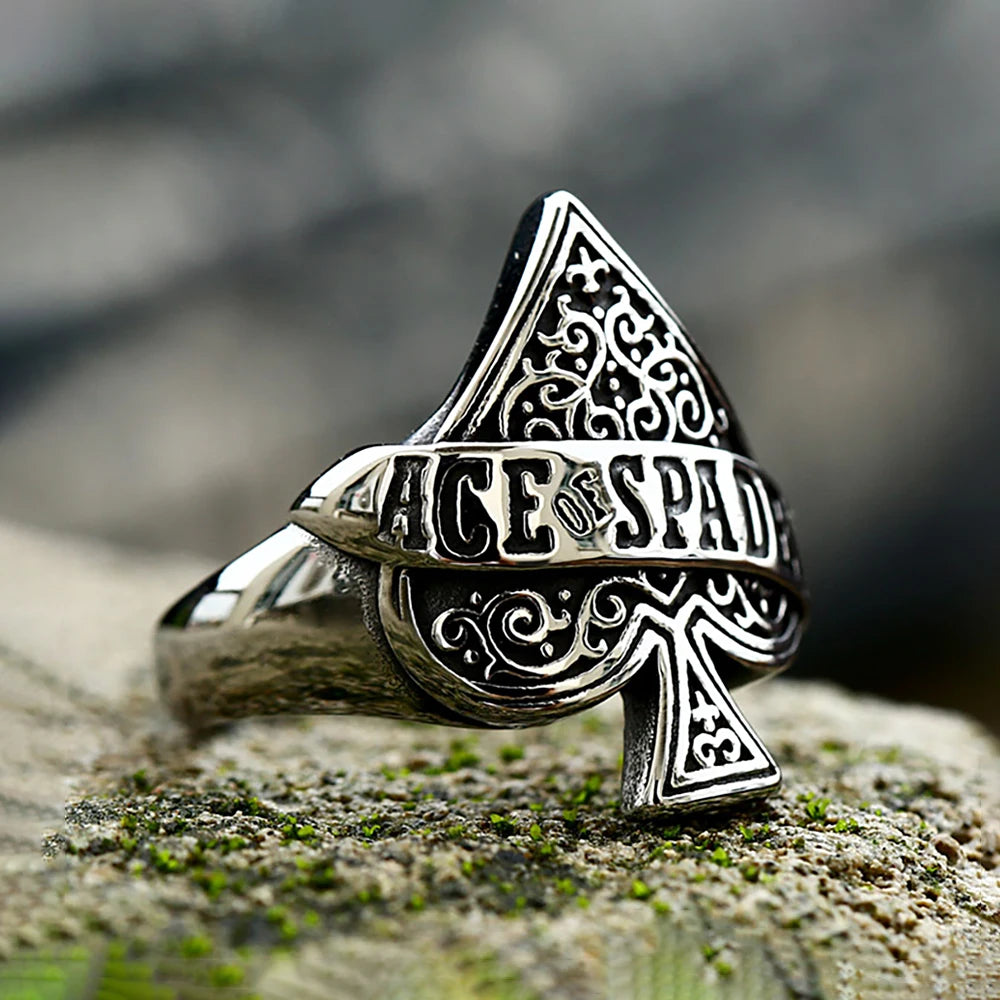 Punk Stainless Steel Lucky Black Spade A Playing Card Ring Man's Fashion Vintage Letter A Finger Rings Creative Jewelry Gifts