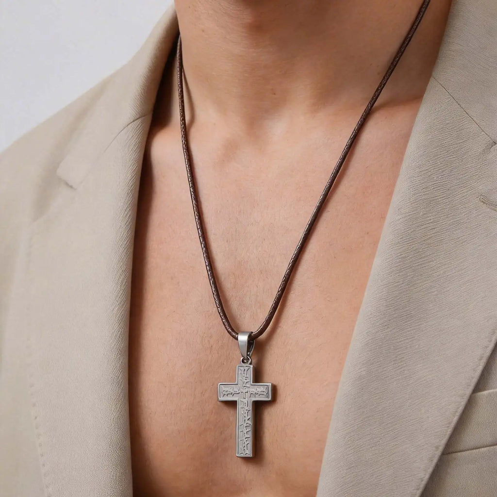 Vnox Men's Stainless Steel Thorn Crown Cross Pendant Necklace, Retro Brown Black Wax Rope Chain, Religious Jewelry