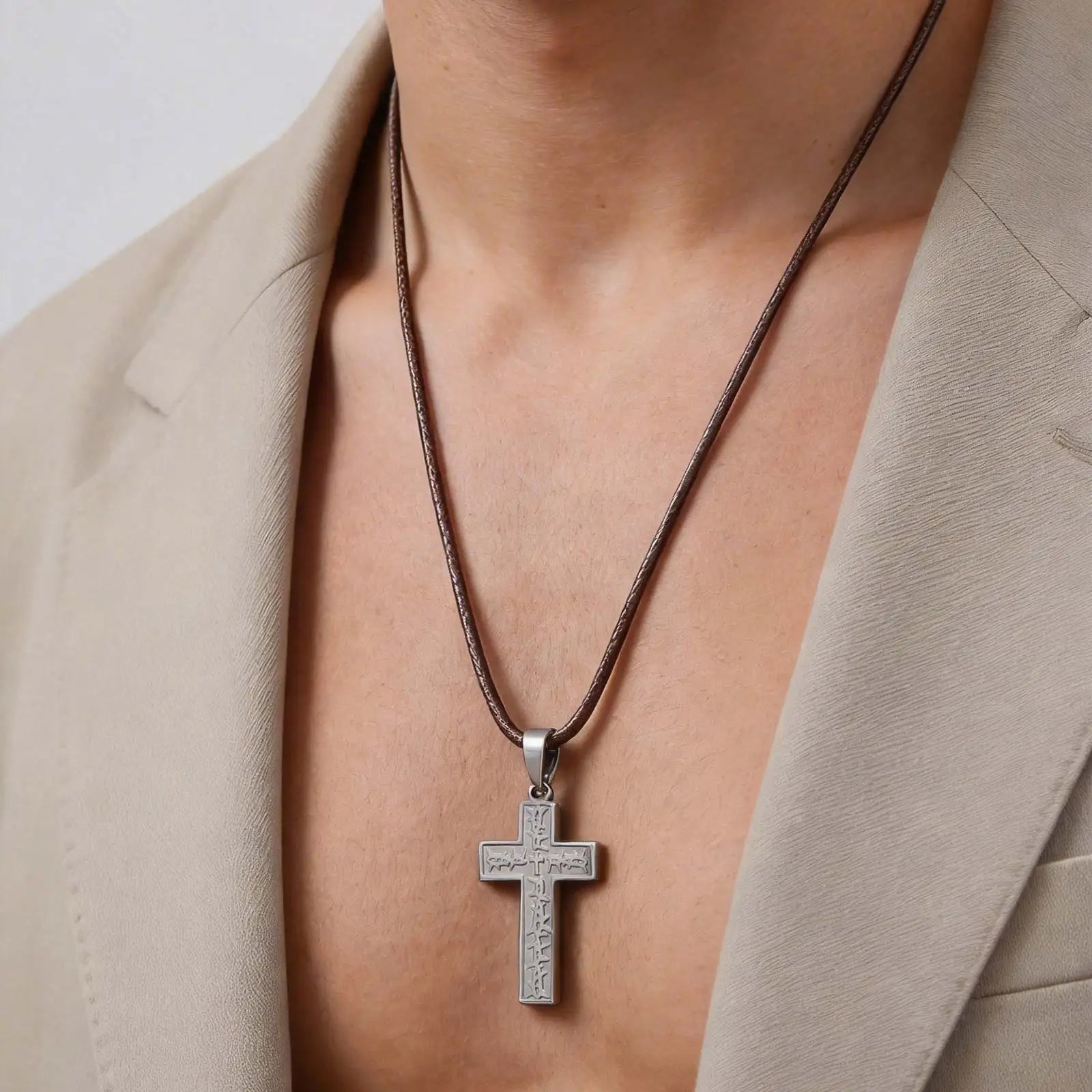 Vnox Men's Stainless Steel Thorn Crown Cross Pendant Necklace, Retro Brown Black Wax Rope Chain, Religious Jewelry