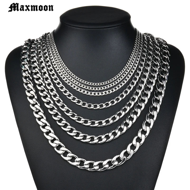 MAXMOON 1 piece Width 3mm/5mm/7mmCurb Cuban Link Chain Necklace for Men Women Basic Punk Stainless Steel Chain Chokers