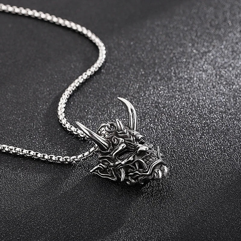 Japanese Hannya Mask Horn Men Necklaces Pendants Stainless Steel Chain Punk for Boyfriend Male Jewelry Creativity Gift Wholesale