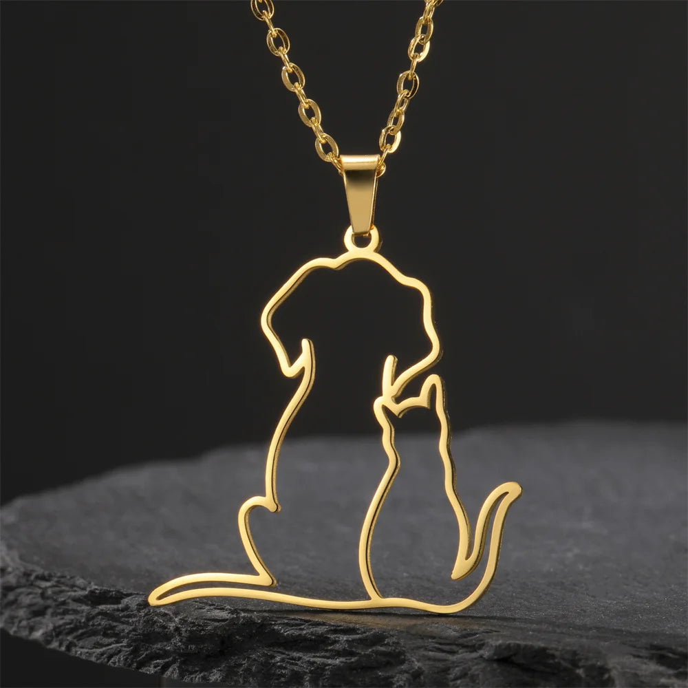 My Shape Hugging Puppy Kitten Necklace for Women Stainless Steel Pendant Chain Animal Cat Dog Jewelry Pets Lovers Gifts
