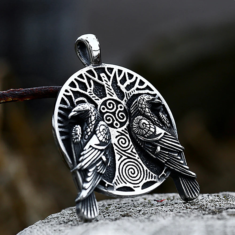 Fashion Vintage Viking Odin Double Ravens Necklace Stainless Steel Nordic Tree of Life Pendant for Men Amulet Jewelry Wholesale