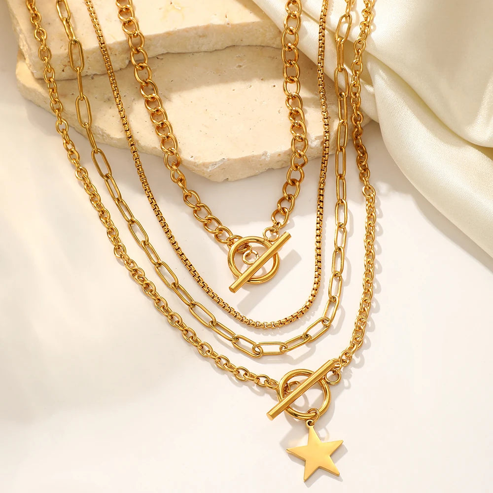 DOTIFI Stainless Steel Fashion Hip Hop Personalized Trend Kpop Exquisite Design Men's Multi-Layer Star OT Clasp Necklace Set