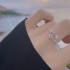 Exquisite 925 Sterling Silver Adjustable Zircon Hollowed-out Five-pointed Star Ring for Women Korean Jewelry Accessories Gifts