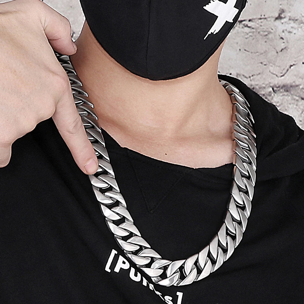 Mens Necklaces Brushed Gold Color Stainless Steel 20MM Wide Curb Chain Tight Cuban Link HipHop Neck Chains for Men