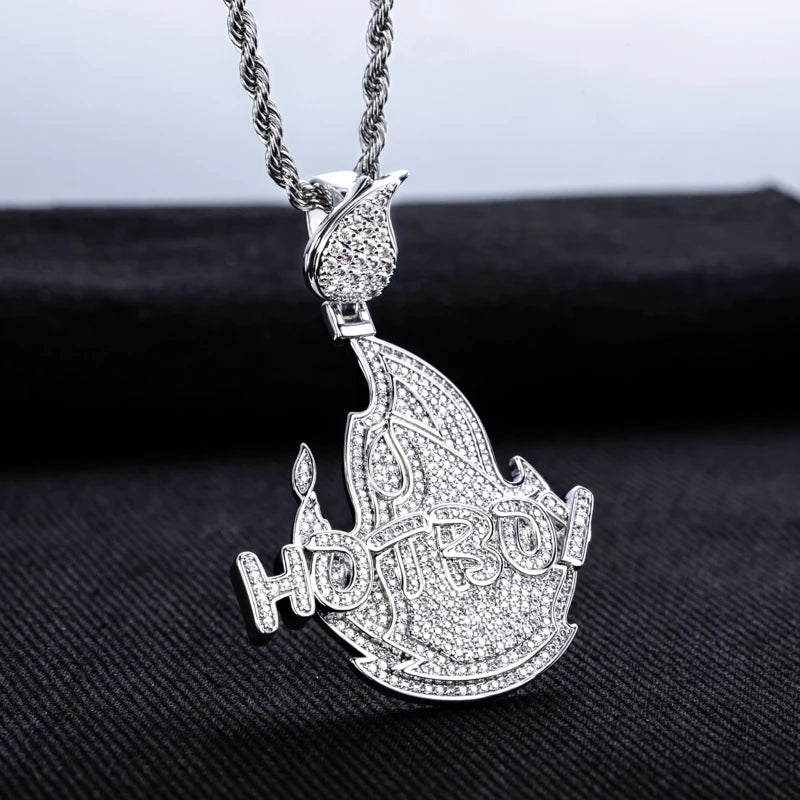 Iced Out Flame Pendant — 14K Gold