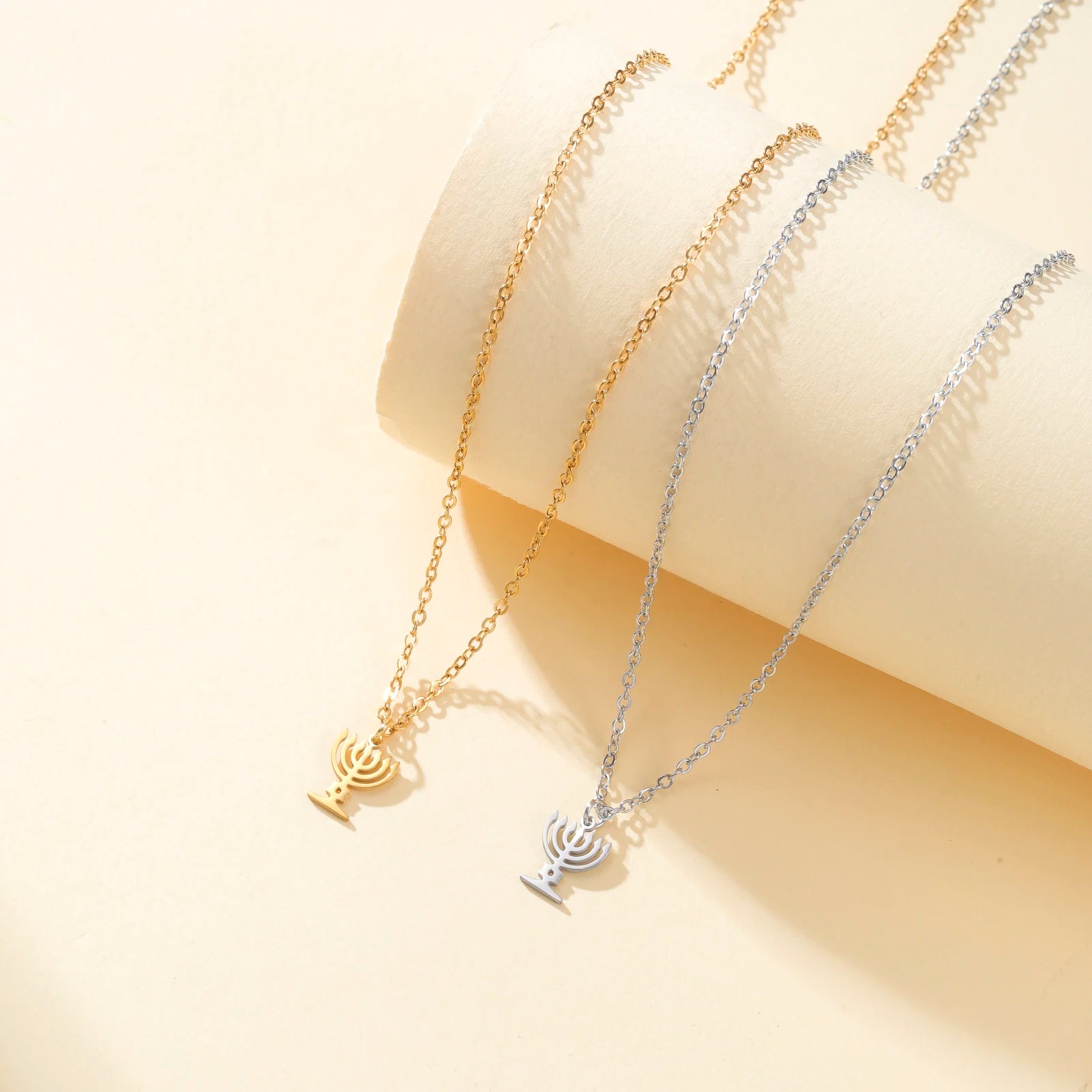 Star of David Menorah Pendant Necklace — Steel