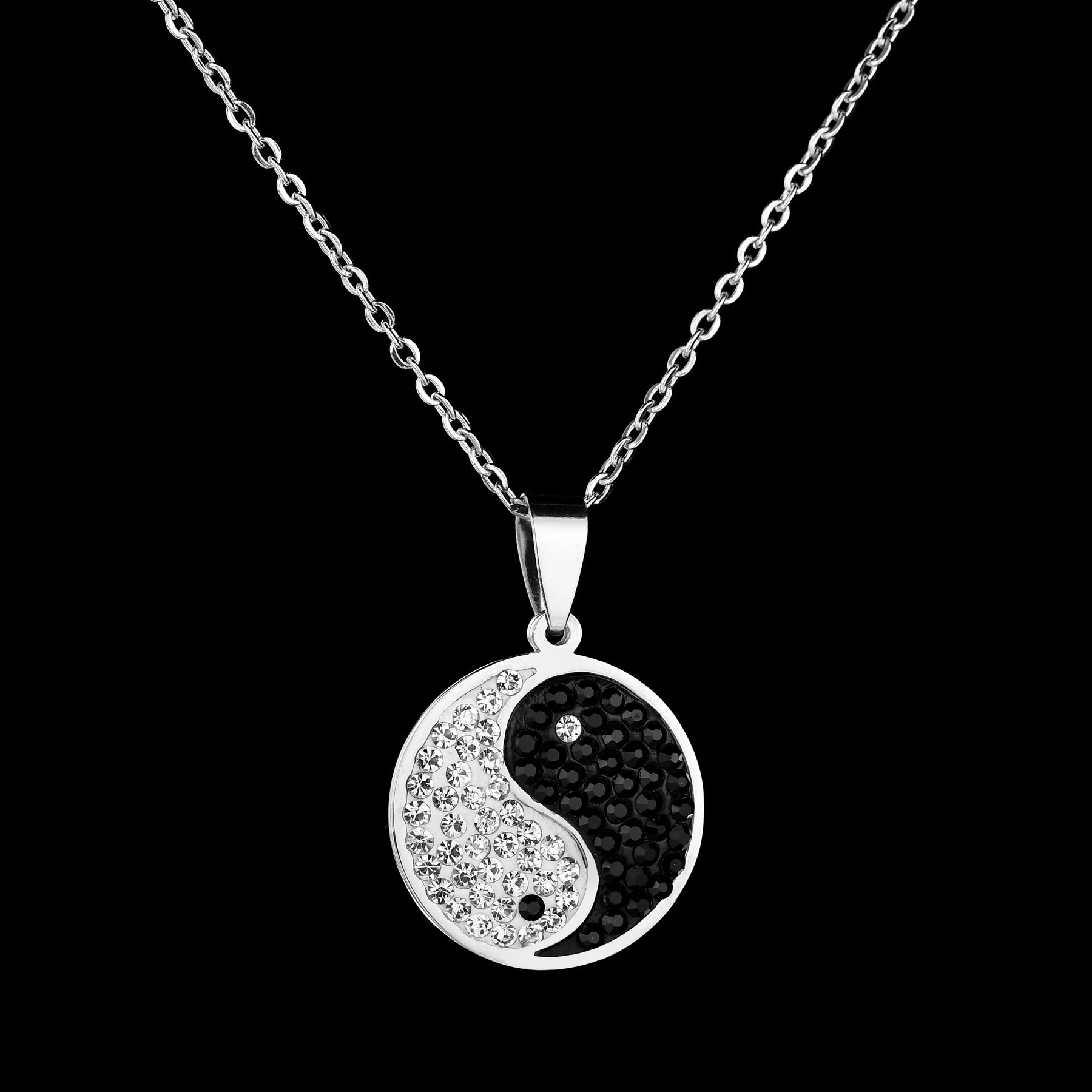 Trendy Black White Zircon Yin Yang Tai Chi Bagua Necklace For Women Men Stainless Steel Circle Pendant Jewelry Gifts