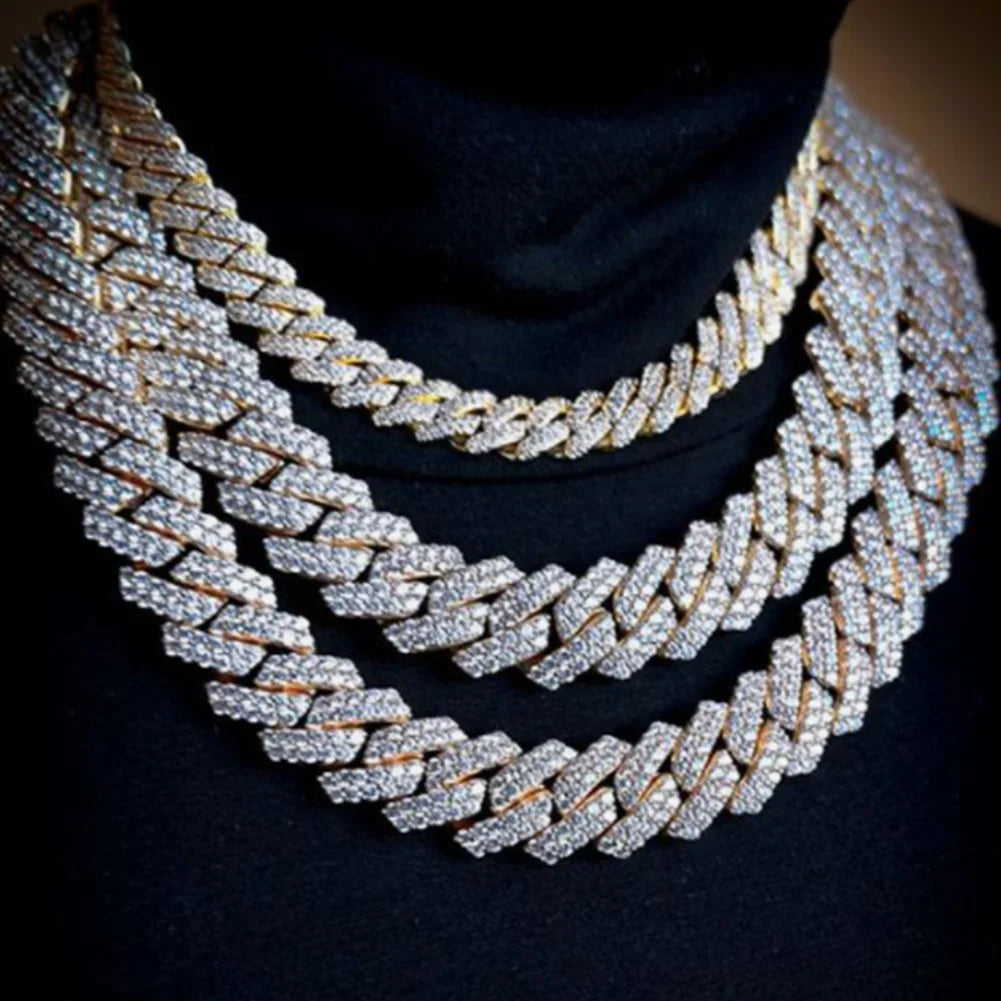 Hip Hop Men Iced Out Chain Prong Rhombus Cuban Link Necklace 14/20MM width Gold Silver Color Thick Cuban Chain Necklace