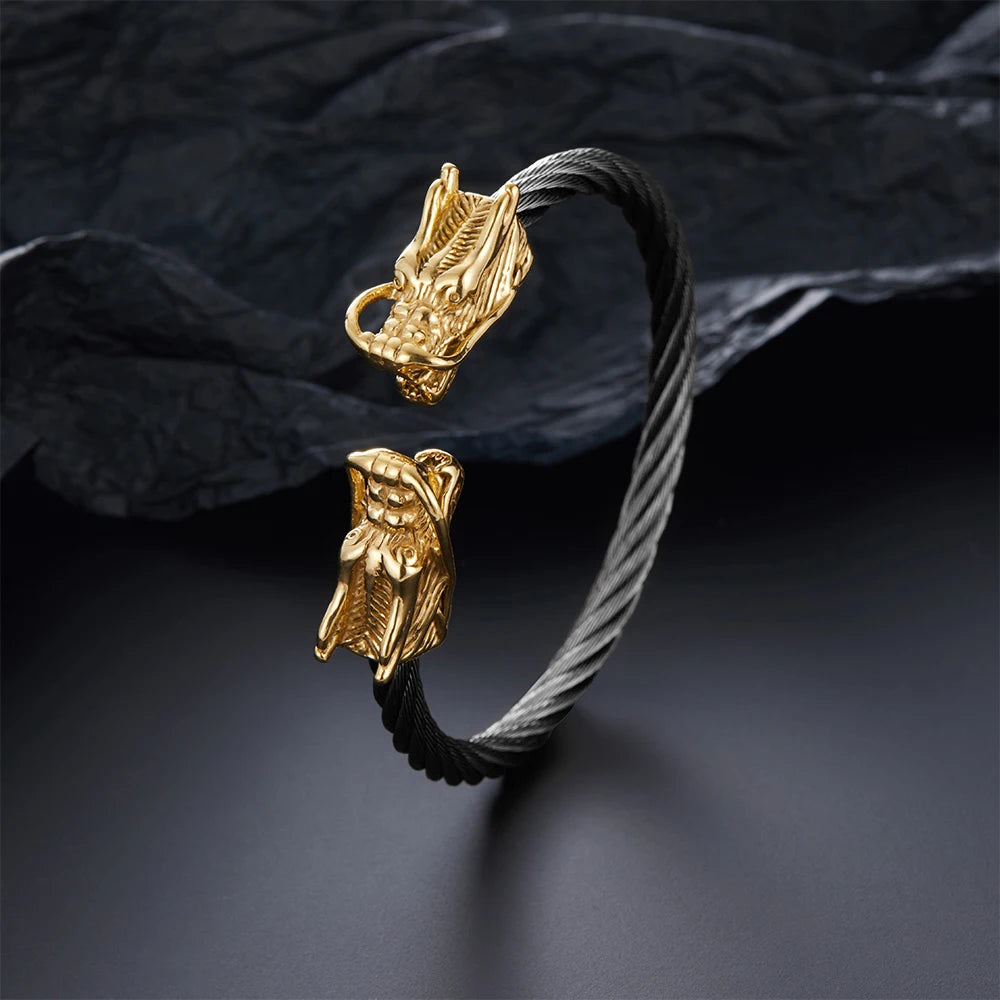 Double Dragon Tip Twisted Wire Cuff Bracelet — Stainless Steel