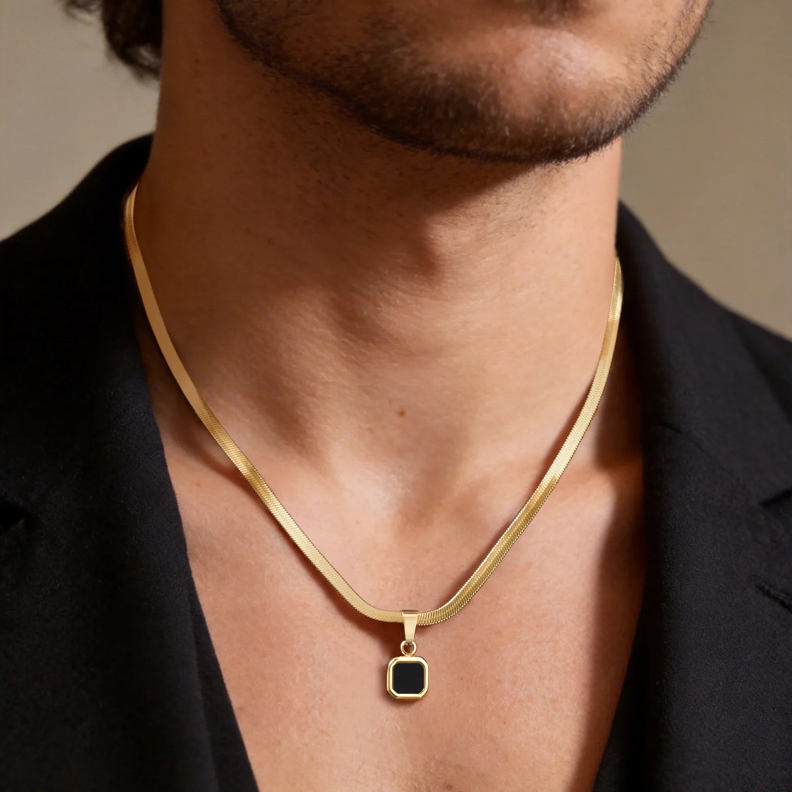 Vnox Geometric Square Natural Stone Pendant Necklace for Men, Gold Silver Color Stainless Steel Blade Chain, Trendy